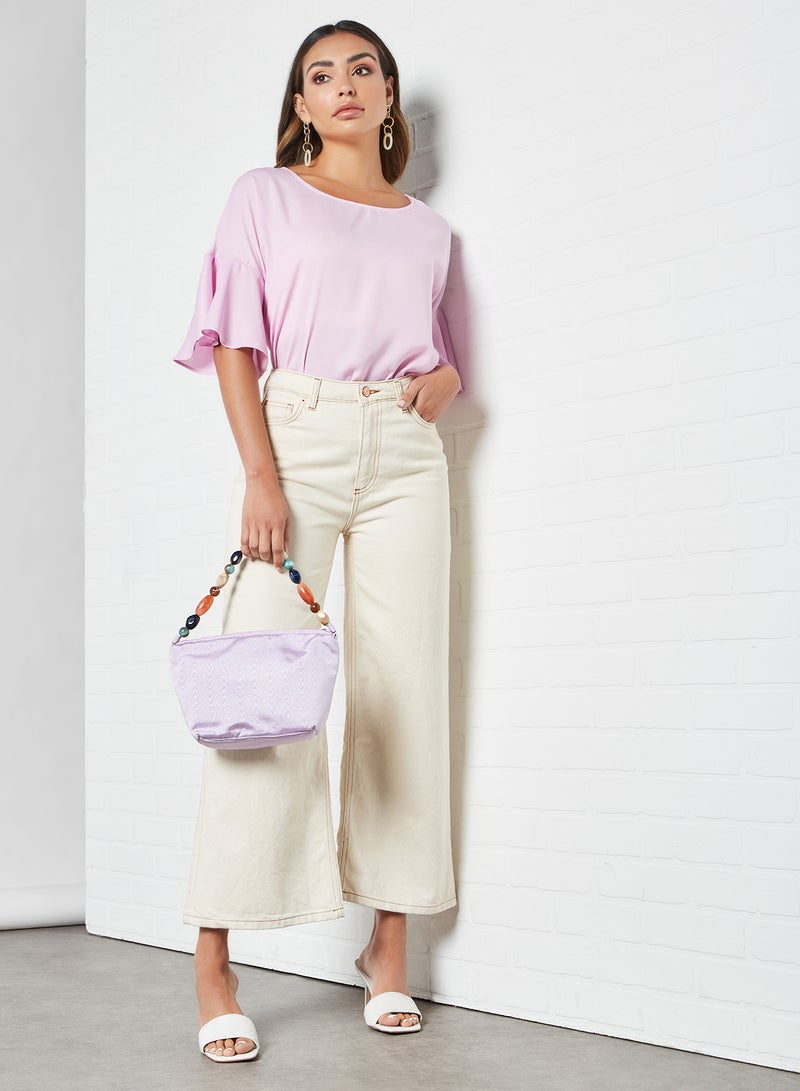 Regular Fit Round Neck Bell Sleeve Detail Plain Casual Top Purple