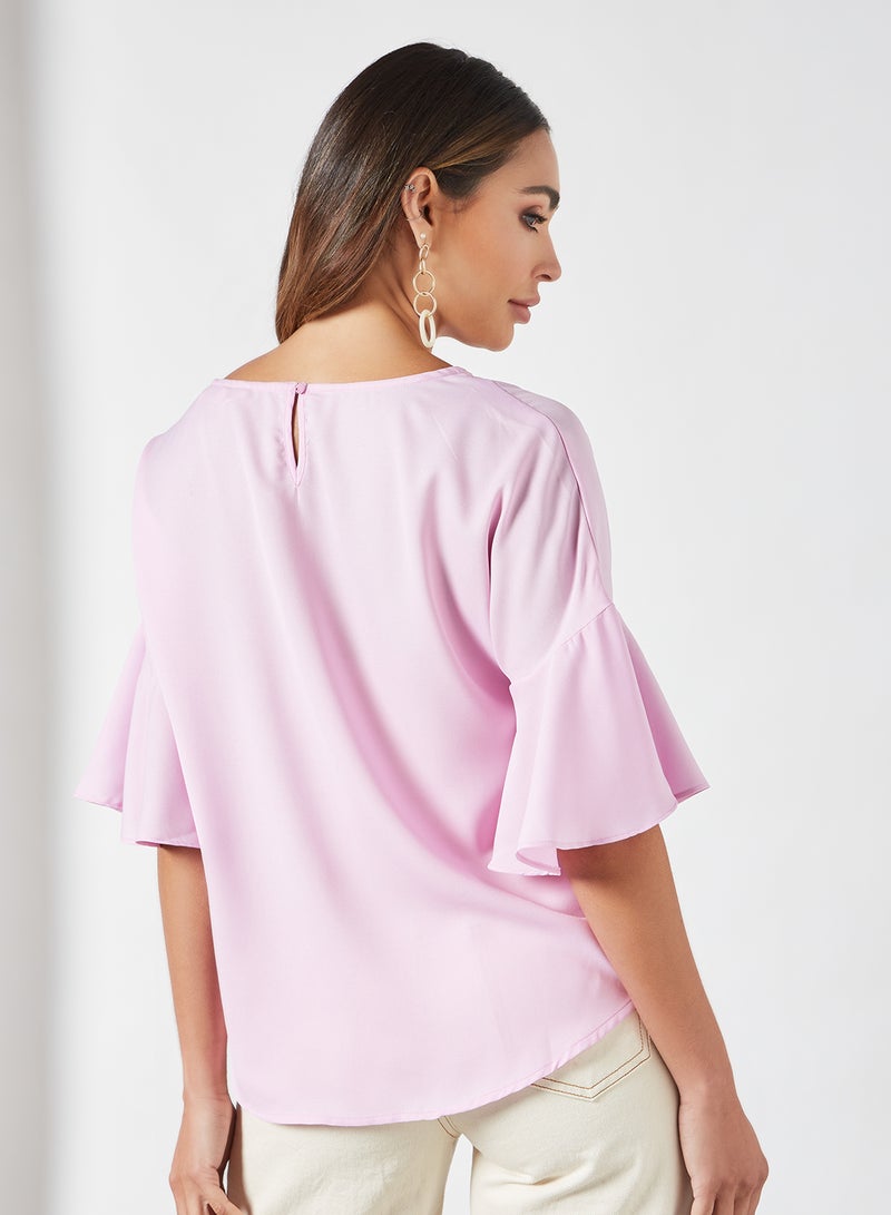 Regular Fit Round Neck Bell Sleeve Detail Plain Casual Top Purple