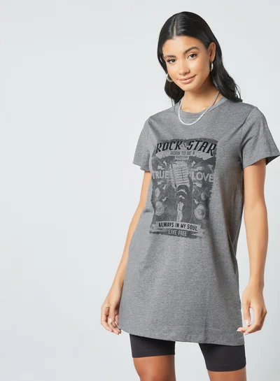 NOISY MAY Graphic Print Longline T-Shirt Medium Grey