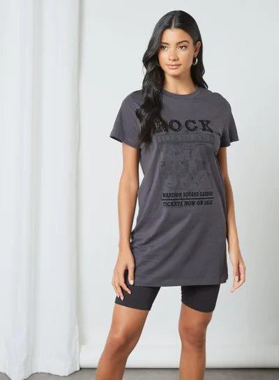 NOISY MAY Graphic Print Longline T-Shirt Obsidian