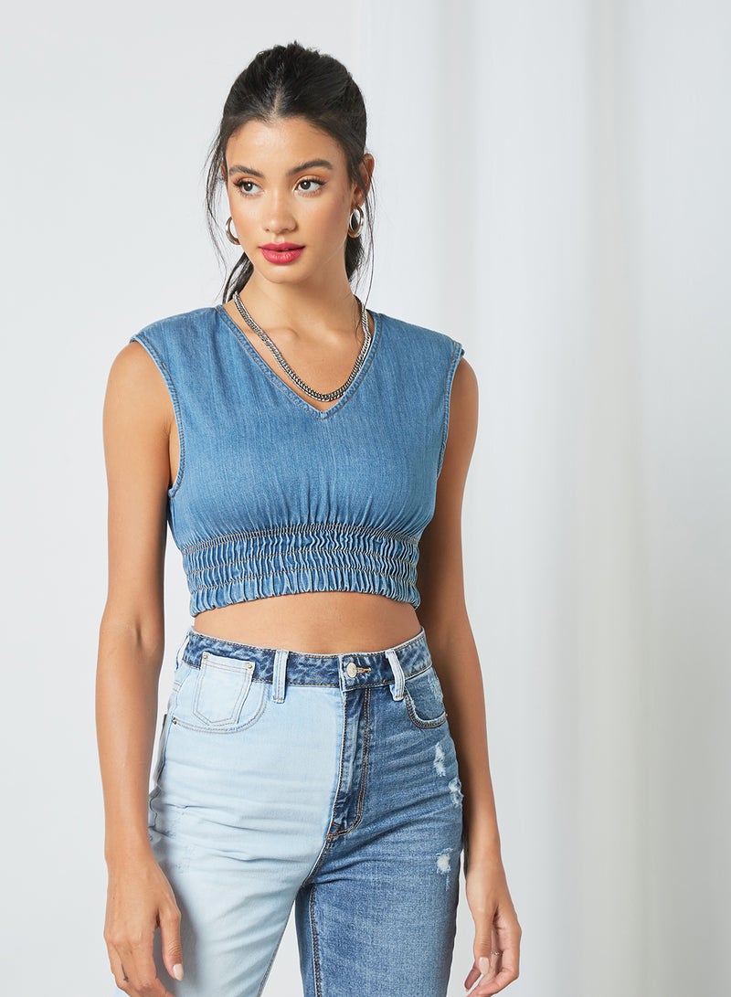 NOISY MAY - Padded Shoulder Crop Top Light Blue - Image 1