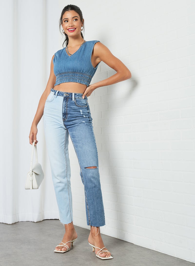 NOISY MAY - Padded Shoulder Crop Top Light Blue - Image 1