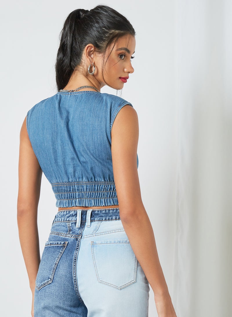 NOISY MAY - Padded Shoulder Crop Top Light Blue - Image 1