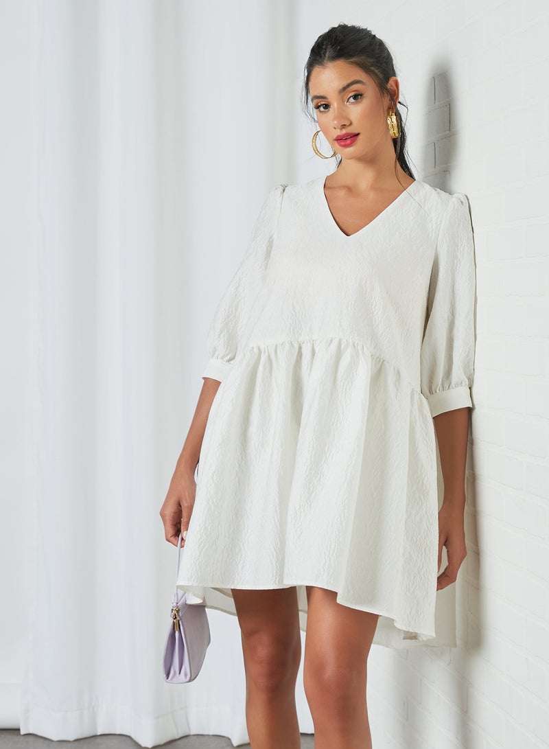 Pimkie Puff Sleeve V-Neck Dress White  - Image 1