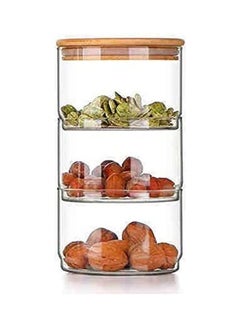 Lushh 3-Layer Stackable Food Storage Jar With Airtight Bamboo Lid Set Clear/Beige 11.5x11.5x8cm  - Image 2