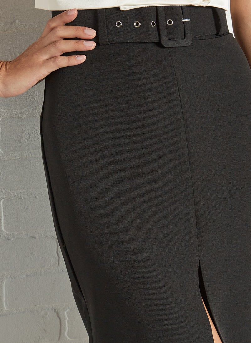 Piazza Italia - Textured Front Slit Midi Skirt Black - Image 1