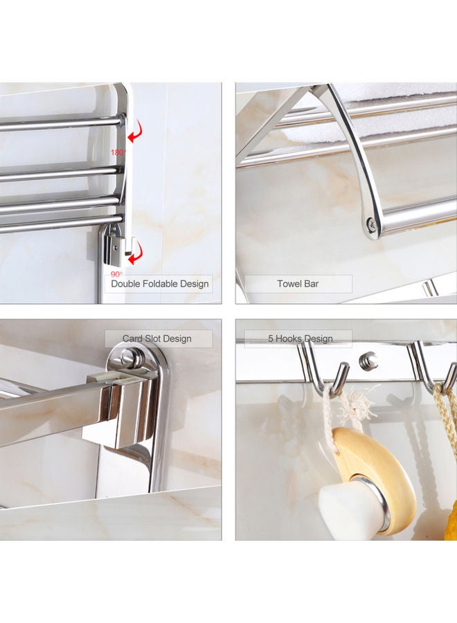 Wall Mounted Foldable Bathroom Shelves with 5 Hook Silver 61 x 5 x 37cm - Image 2