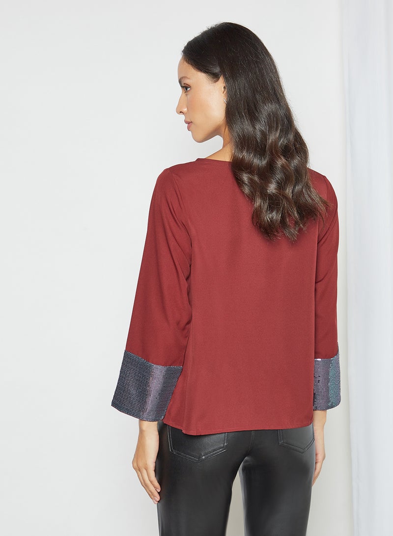 Aila Fashionable Round Neck Top Burgundy Solid  - Image 2