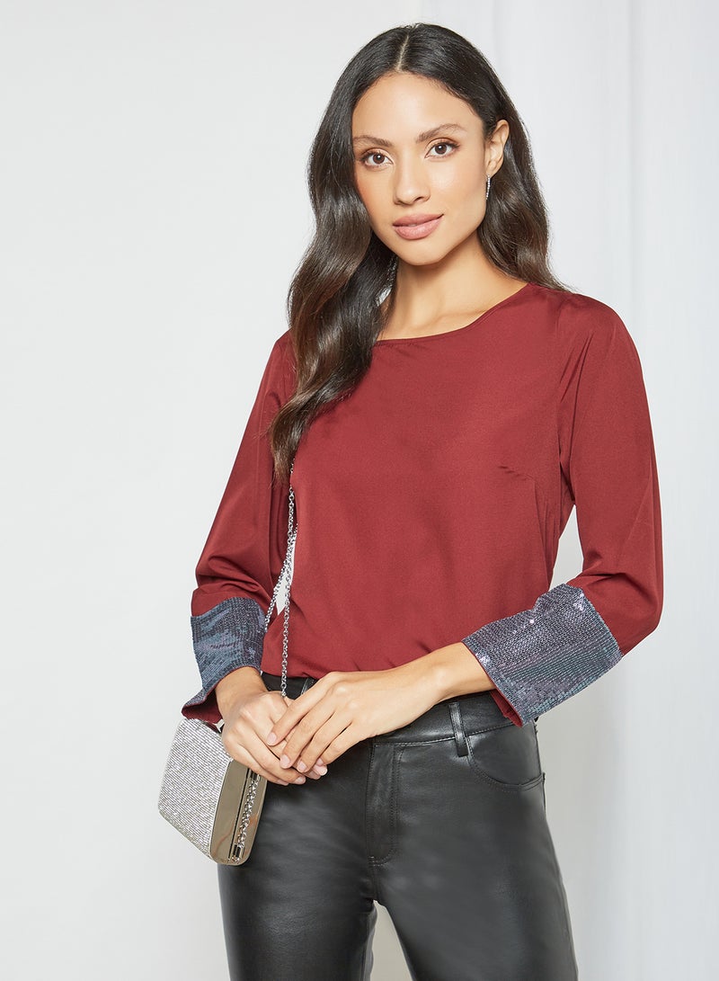 Aila Fashionable Round Neck Top Burgundy Solid  - Image 1