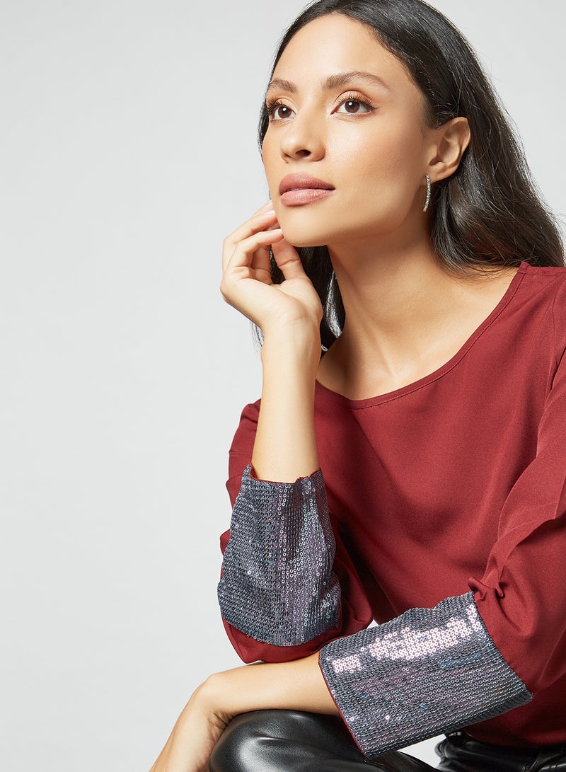 Aila Fashionable Round Neck Top Burgundy Solid  - Image 4
