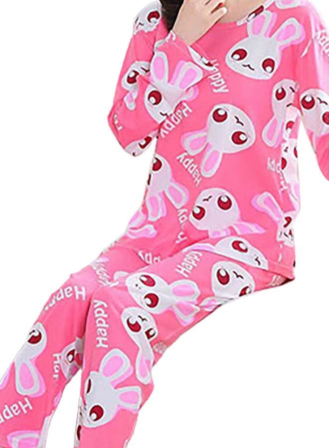 2-Piece Cartoon Rabbit Pattern Top And Pyjama Set Pink/White/Red - Image 1