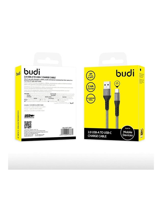 budi - USB-A To USB-C Charging Cable Grey/Black - Image 1