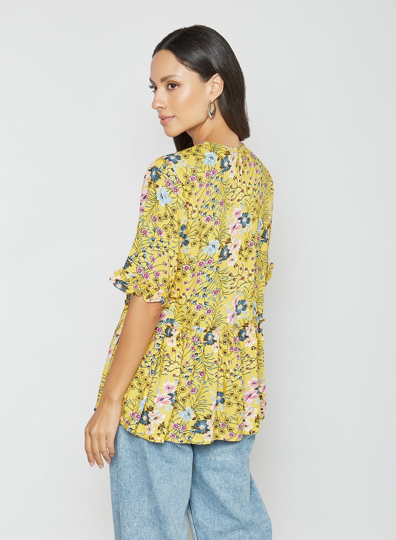 Aila Round Neck Printed Blouse Top Yellow Aop  - Image 2