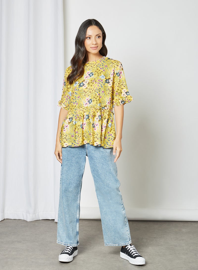 Aila Round Neck Printed Blouse Top Yellow Aop  - Image 3