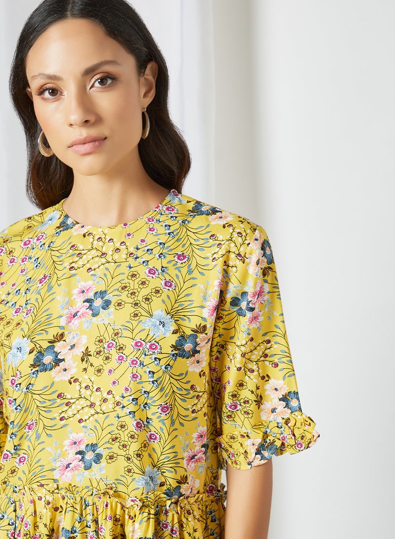 Aila Round Neck Printed Blouse Top Yellow Aop  - Image 5