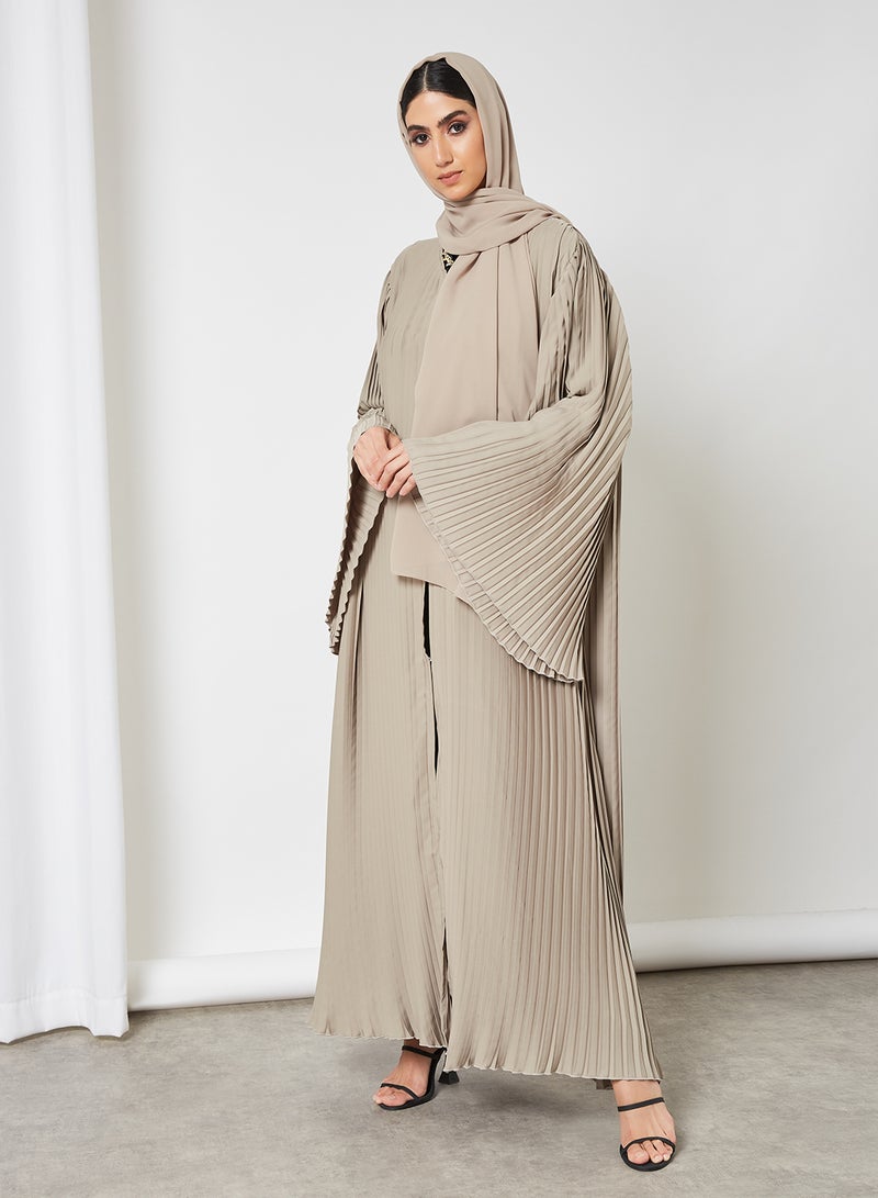 Bousni Overall Pleated Abaya Beige  - Image 1