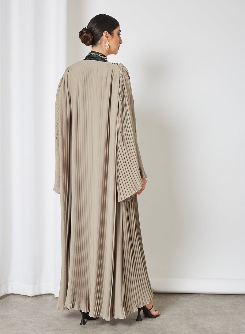 Bousni Overall Pleated Abaya Beige  - Image 2