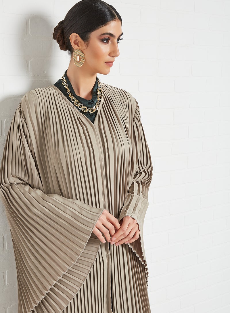 Bousni Overall Pleated Abaya Beige  - Image 4