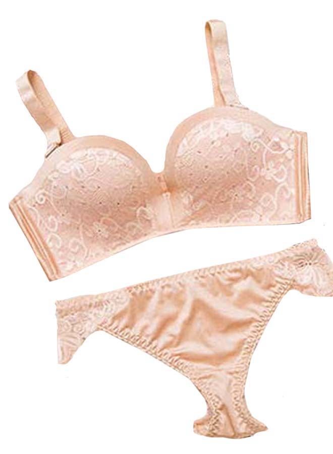 Floral Lace Detail Bra And Panty Set Beige  - Image 1