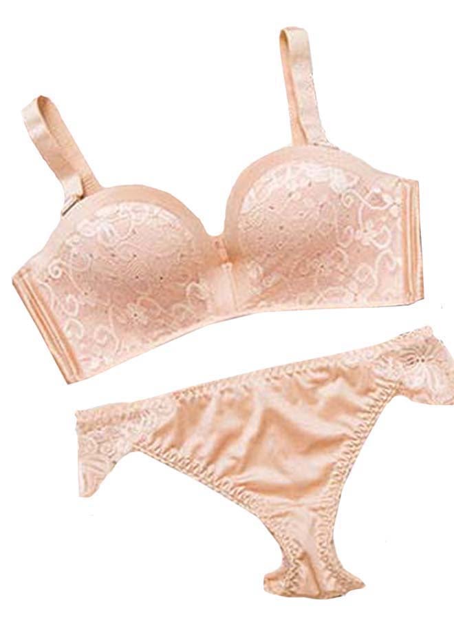 Floral Lace Detail Bra And Panty Set Beige  - Image 1