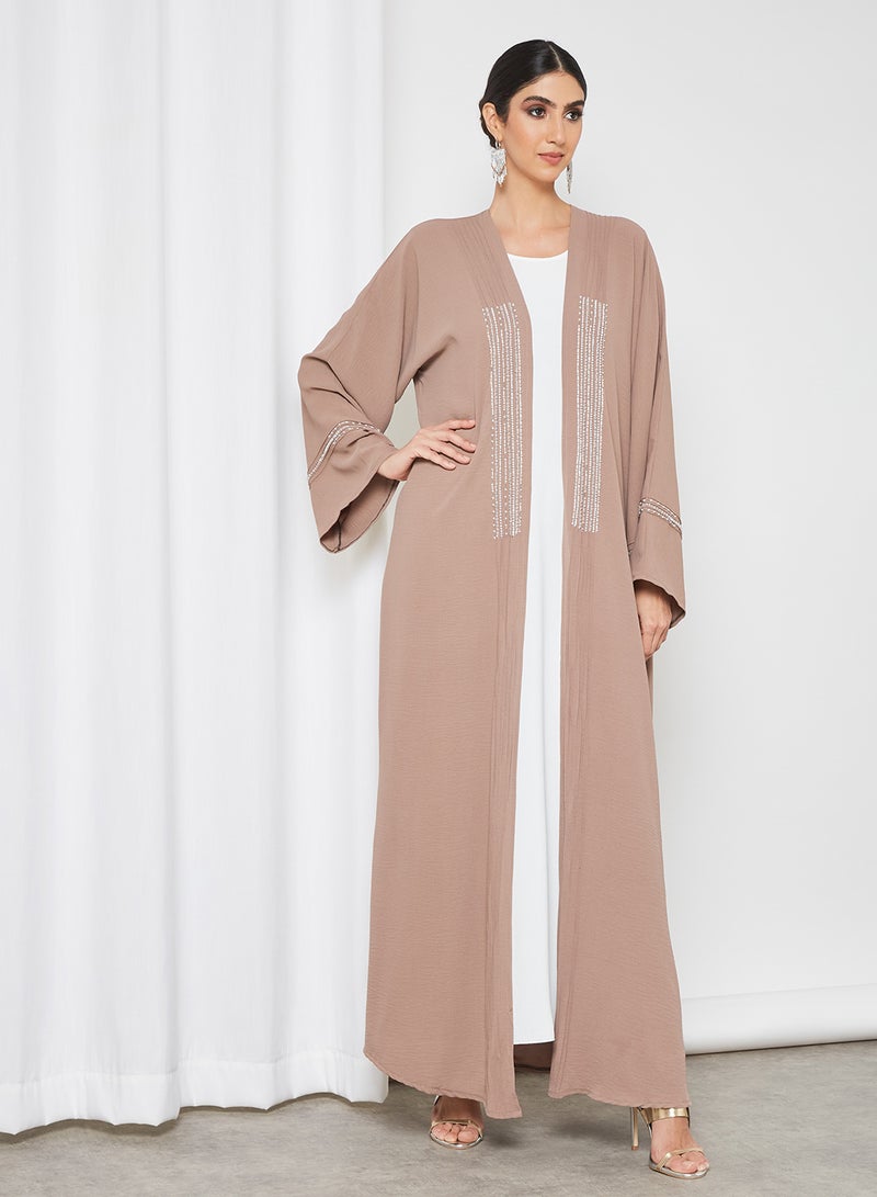 Bousni Beads Embellished Bisht Abaya Pink/White/Brown  - Image 1