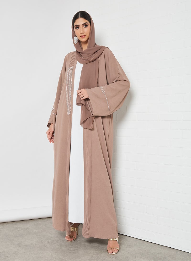 Bousni Beads Embellished Bisht Abaya Pink/White/Brown  - Image 3