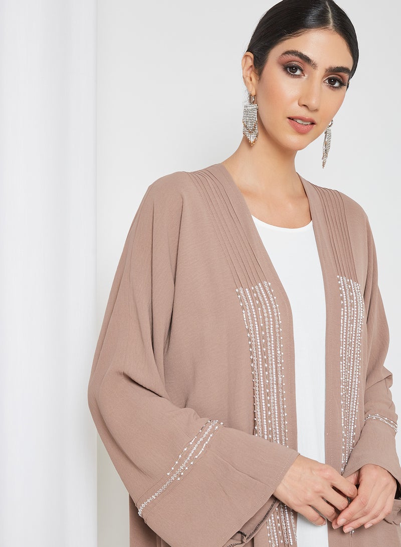 Bousni Beads Embellished Bisht Abaya Pink/White/Brown  - Image 4