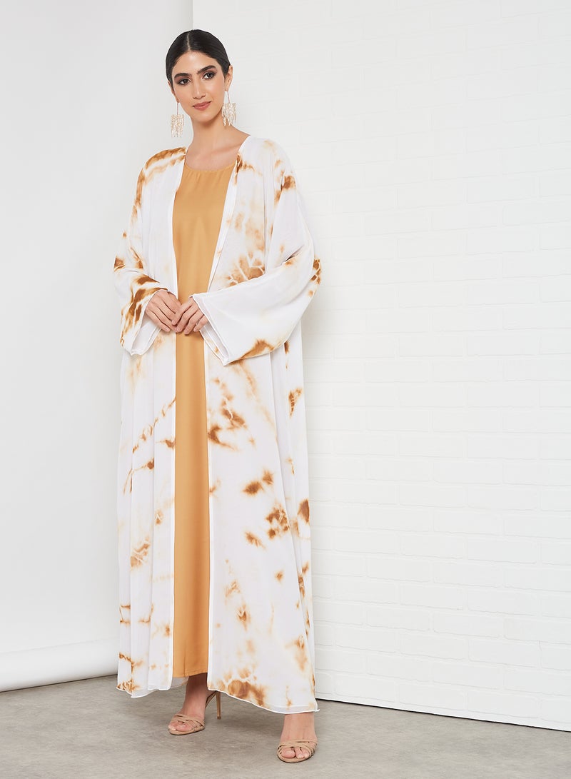 Bousni Tie And Dye Bisht Abaya Brown/White  - Image 1