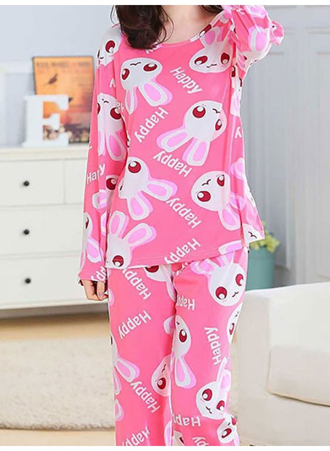 2-Piece Cartoon Rabbit Pattern Top And Pyjama Set Pink/White/Red - Image 2