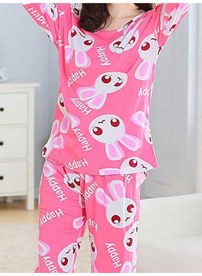 2-Piece Cartoon Rabbit Pattern Top And Pyjama Set Pink/White/Red - Image 3