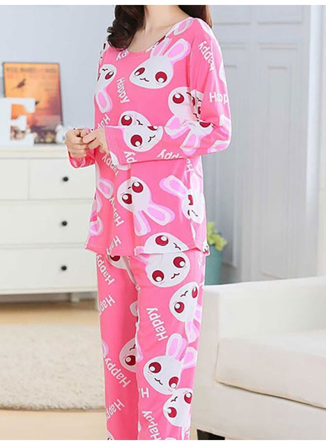 2-Piece Cartoon Rabbit Pattern Top And Pyjama Set Pink/White/Red - Image 4