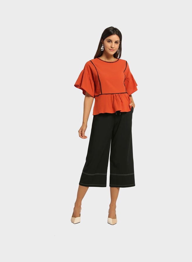 RINA Knitted Embroidery Thread Bell Sleeve Blouse Brick Red  - Image 3