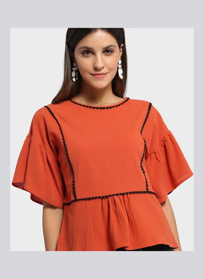 RINA Knitted Embroidery Thread Bell Sleeve Blouse Brick Red  - Image 5