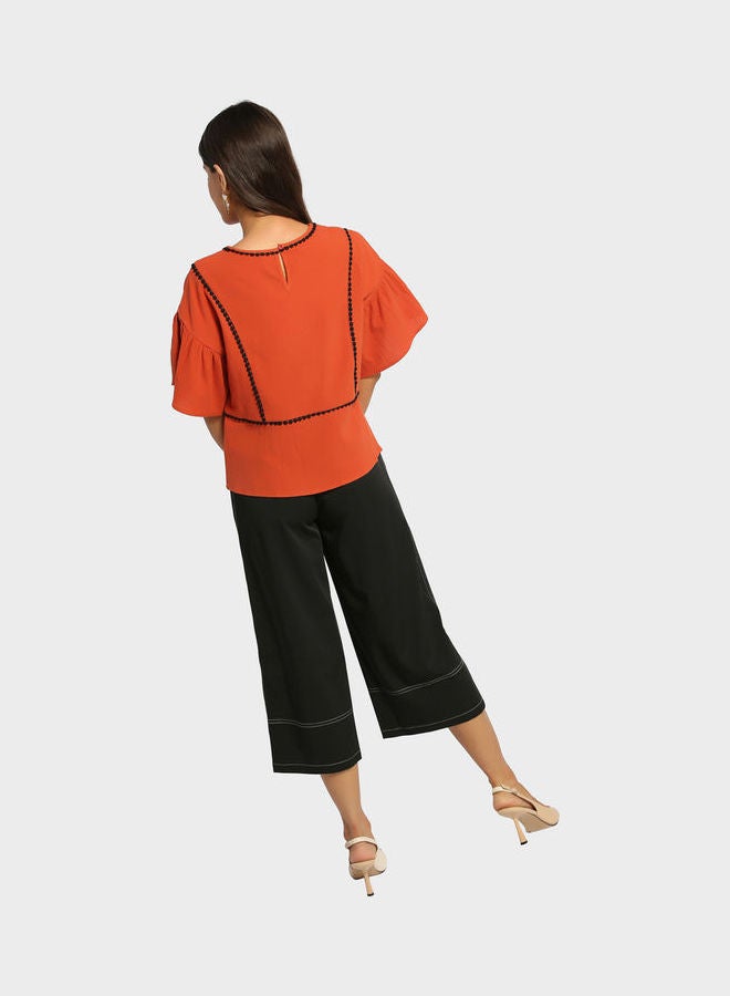 RINA Knitted Embroidery Thread Bell Sleeve Blouse Brick Red  - Image 2