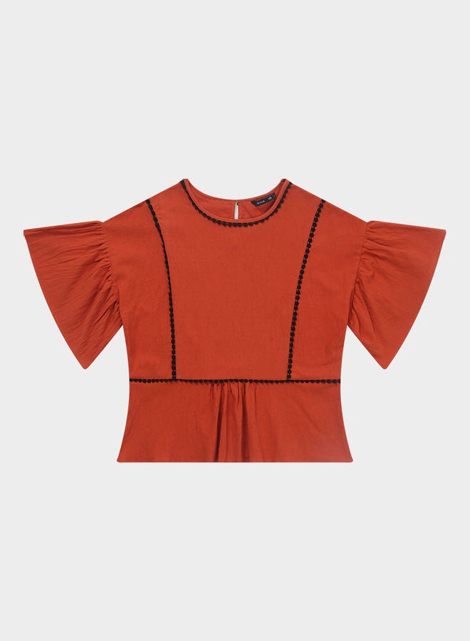 RINA Knitted Embroidery Thread Bell Sleeve Blouse Brick Red  - Image 1