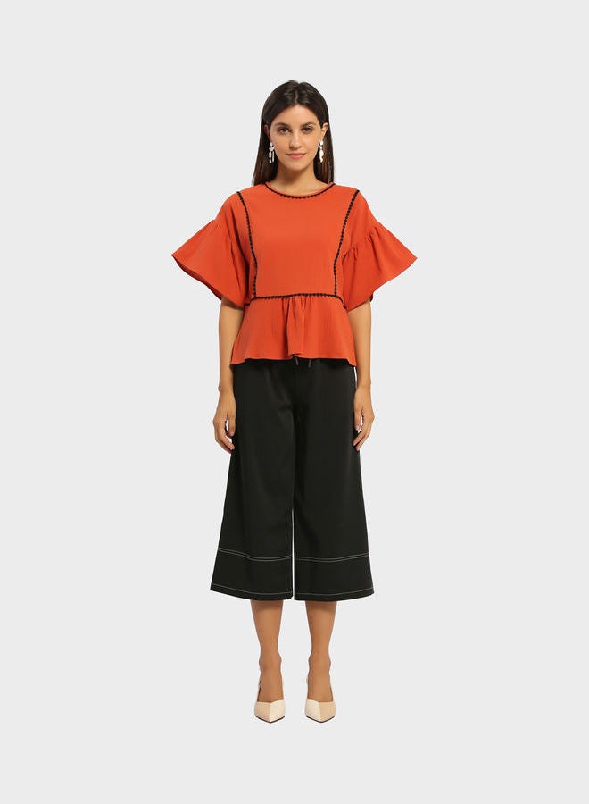 RINA Knitted Embroidery Thread Bell Sleeve Blouse Brick Red  - Image 4