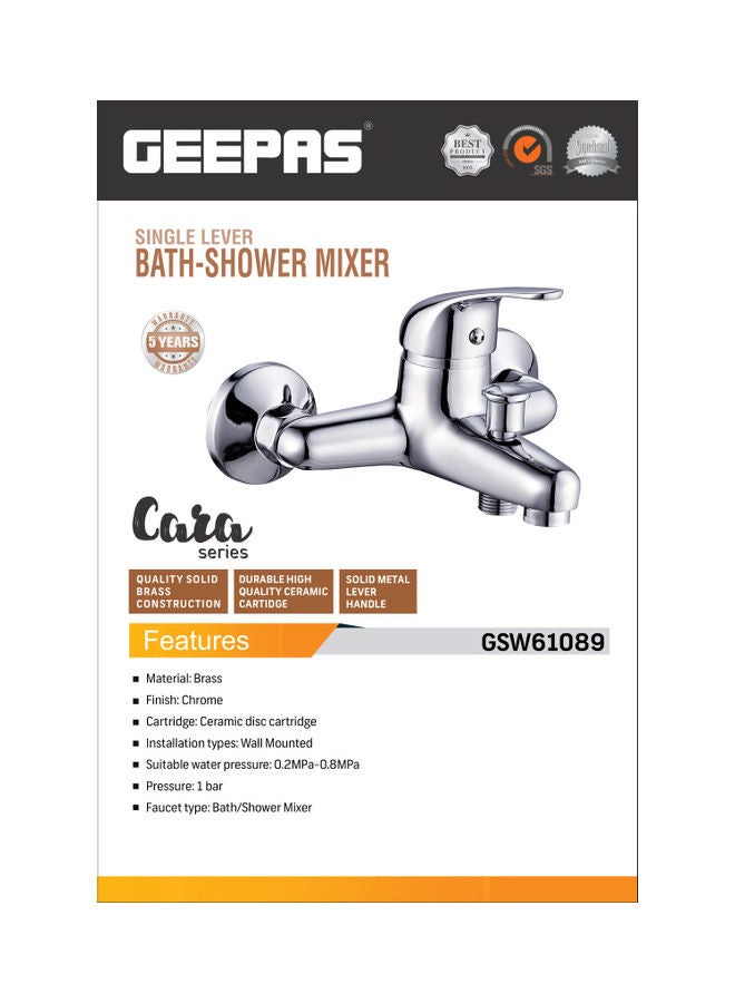 GEEPAS Geepas Single Lever Bath-Shower Mixer, Chrome Finish Tap, GSW61089 | Solid Brass Construction | Stainless Steel Bathroom, Shower, Tub Faucet Wall-Mounted, 3 Bar Pressure Silver - Image 2