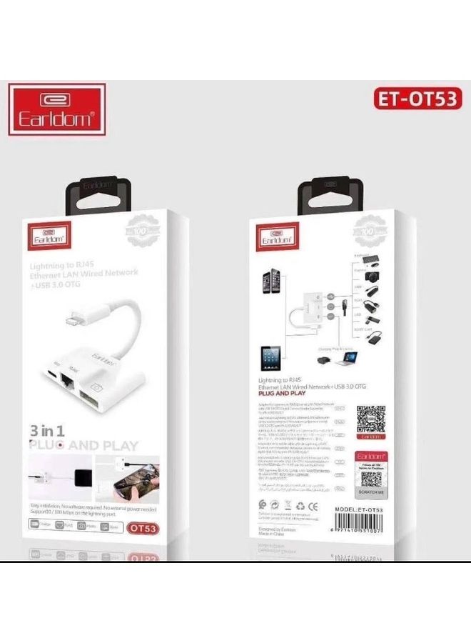 Earldom - 3-In1 Plug Adapter Lightning RJ45 + USB 3.0 OTG White - Image 1