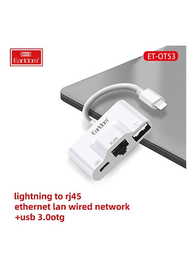 Earldom - 3-In1 Plug Adapter Lightning RJ45 + USB 3.0 OTG White - Image 1