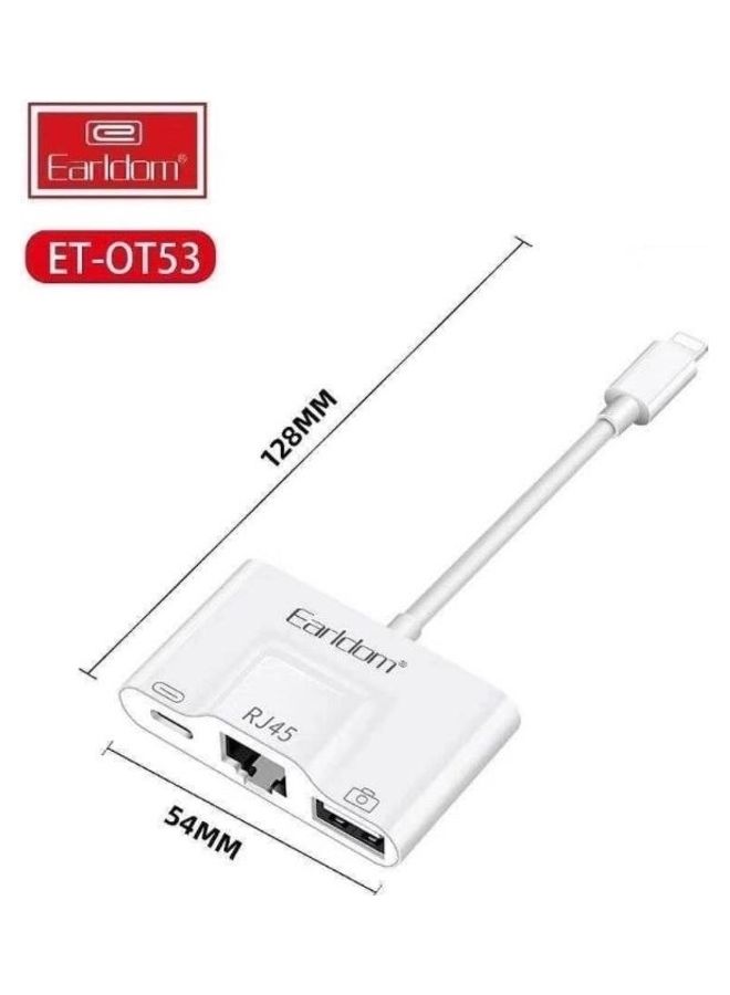 Earldom - 3-In1 Plug Adapter Lightning RJ45 + USB 3.0 OTG White - Image 1