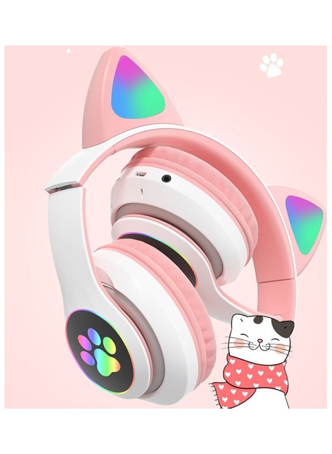 STN-28 BT5.0 Wireless Cat Ear Headphone With LED Lights Pink/White  - Image 2
