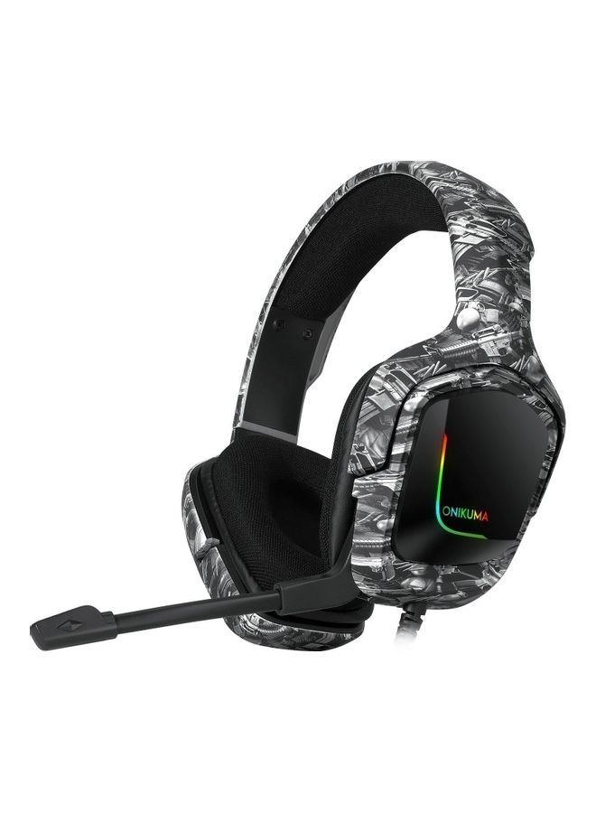 أونيكوما سماعة رأس سلكية للألعاب بتصميم رياضي يغطي الأذن مزودة بميكروفون وجهاز تحكم في مستوى الصوت نقشة مموهة كالزي العسكري بلون رمادي - Image 1
