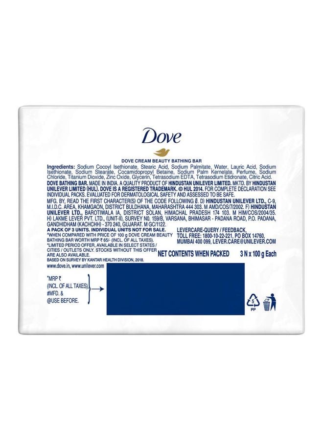 Dove Pack Of 3 Cream Beauty Bathing Bar White 100grams - Image 3