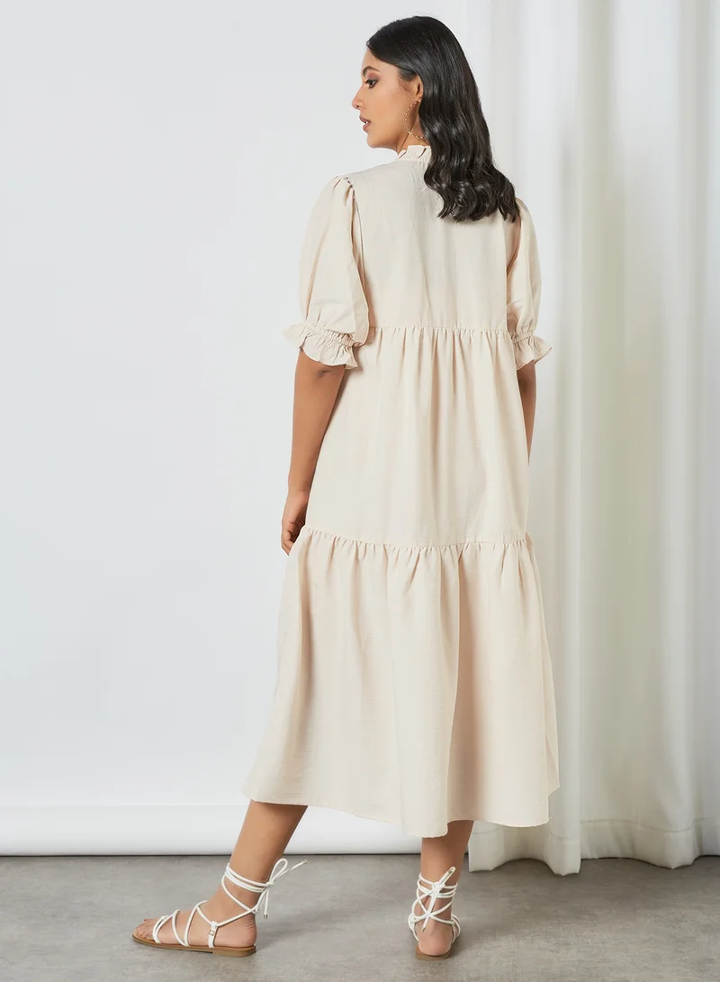 SELECTED FEMME Tiered Button Down Dress Beige