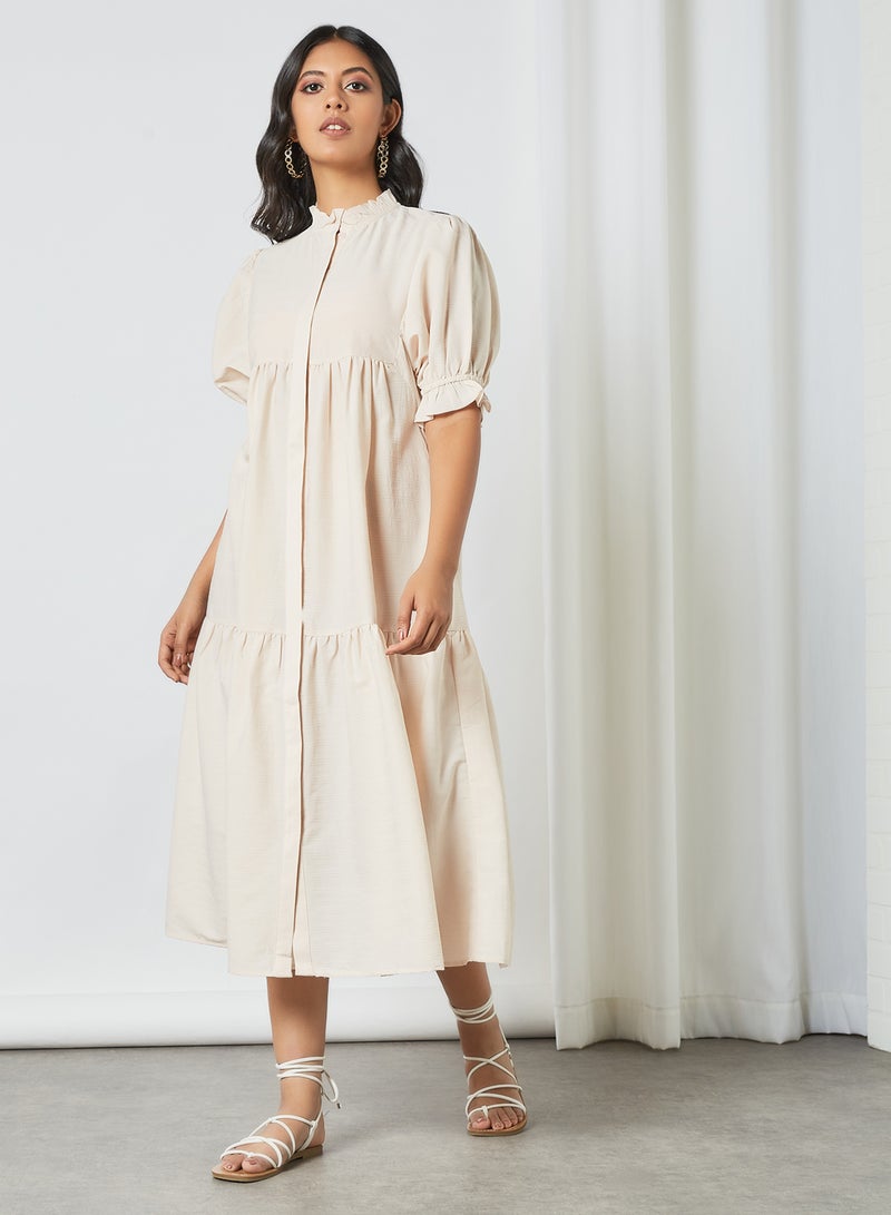 SELECTED FEMME - Tiered Button Down Dress Beige - Image 1