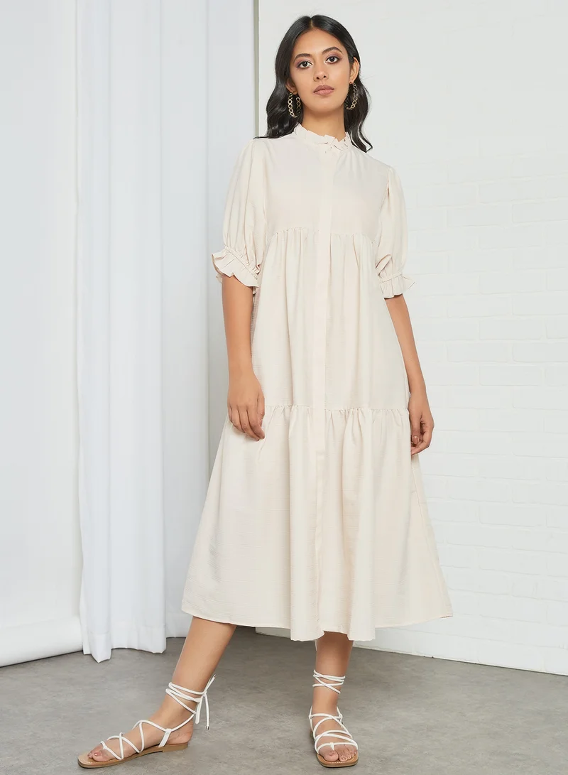 SELECTED FEMME Tiered Button Down Dress Beige