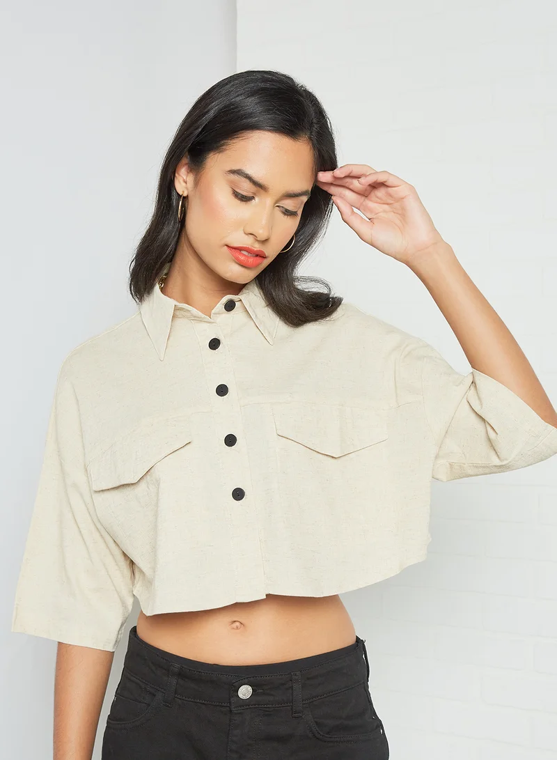 GHOSPELL Boxy Cropped Shirt Beige