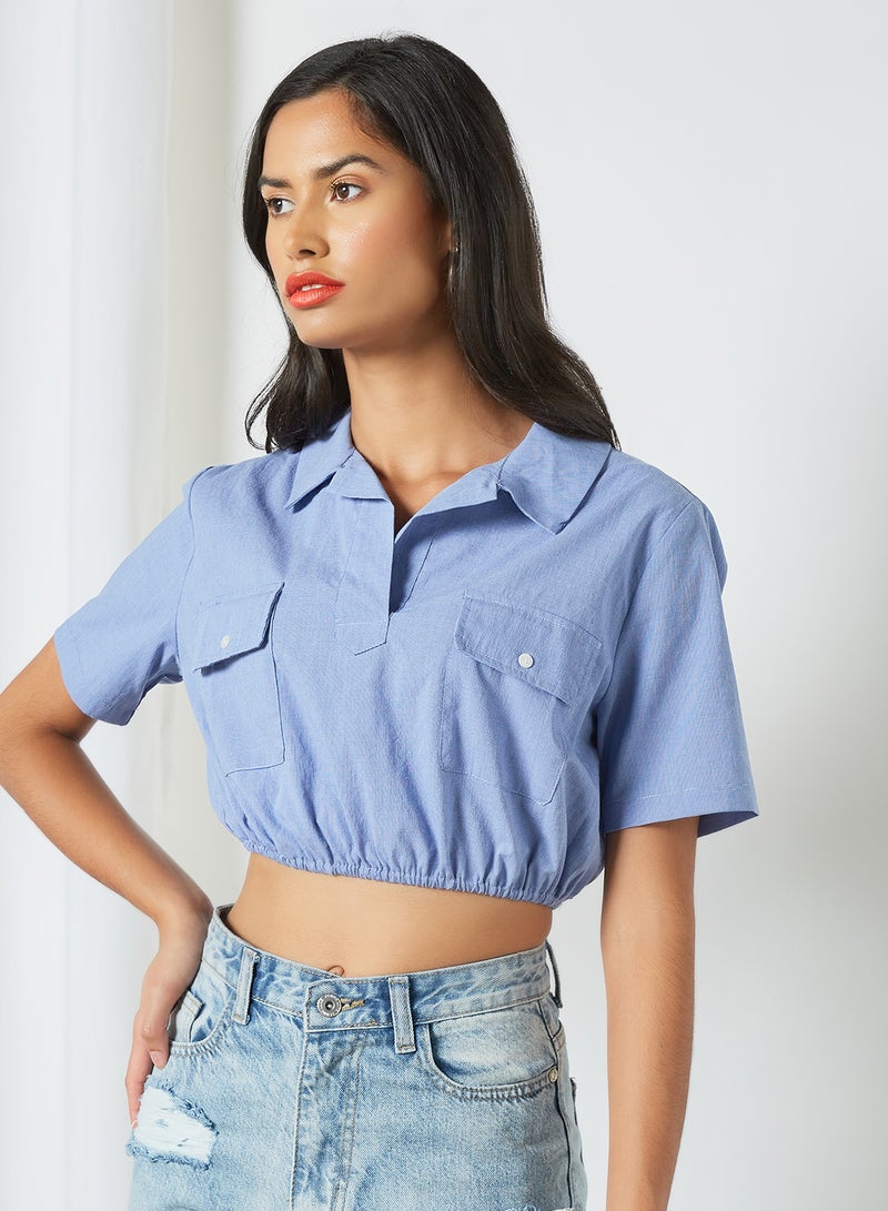 GHOSPELL - Elastic Hem Crop Top Blue - Image 1