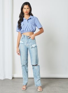 GHOSPELL Elastic Hem Crop Top Blue  - Image 2
