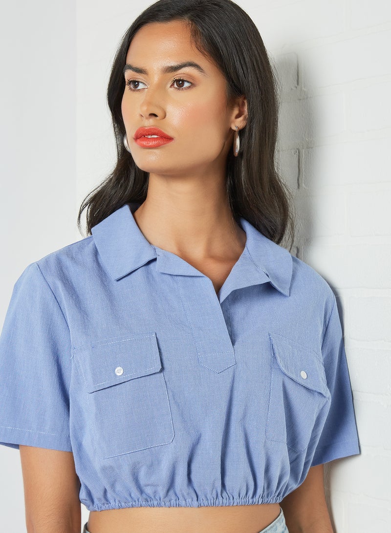 GHOSPELL - Elastic Hem Crop Top Blue - Image 1